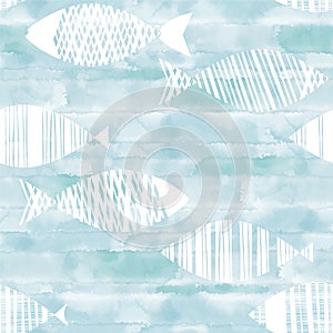 Seamless pattern with cartoon fishes on blue watercolor background.  Hand drawn vector illustration. Perfect for wallpaper,