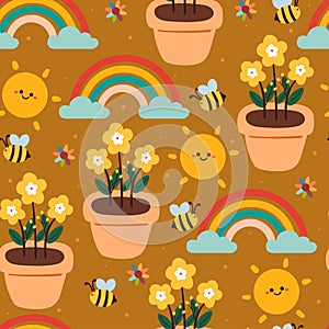 Seamless pattern cartoon flower and plant in yellow sky with rainbow, clouds and cute sun. cute wallpaper for kids