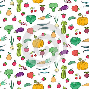 Seamless pattern with cartoon fruits and vegetables
