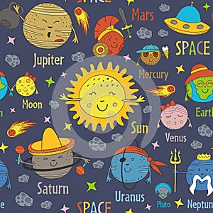 Seamless pattern with cartoon funny solar system and names of planets