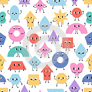 Seamless pattern with cartoon geometric shapes characters. Basic abstract geometry figures with cartoon faces. Vector