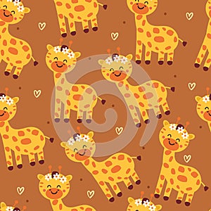 seamless pattern cartoon giraffe and flowers