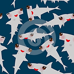 Seamless pattern Cartoon gray Smooth hammerhead Winghead shark Kawaii with pink cheeks and winking eyes positive smiling on dark b