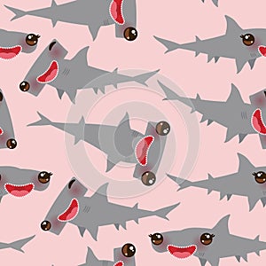 Seamless pattern Cartoon gray Smooth hammerhead Winghead shark Kawaii with pink cheeks and winking eyes positive smiling on pink b