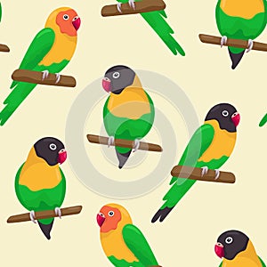 Seamless pattern with cartoon green love birds sitting on branches. Flat little colorful exotic parrots. Vector