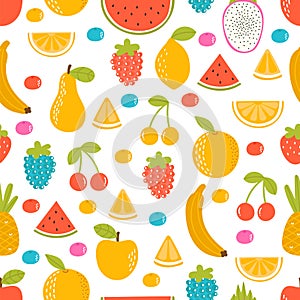 Seamless pattern with cartoon hand drawn fruit. Cute background. Summer tropical healthy food