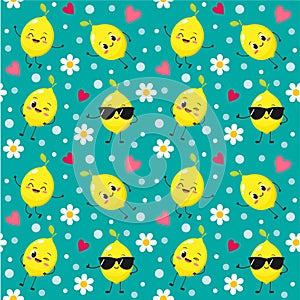 Seamless pattern with cartoon happy lemon