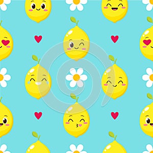 Seamless pattern with cartoon happy lemon