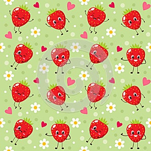 Seamless pattern with cartoon happy strawberry