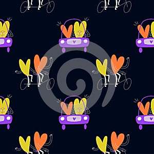 Seamless pattern with cartoon hearts on a tandem bike. Couples in love are driving a car. Vector stock illustration yellow with