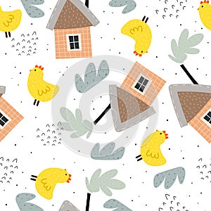 Seamless pattern with cartoon houses, birds, clouds, decor elements. colorful vector for kids, flat style.