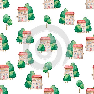 Seamless pattern of cartoon houses and tree. Kid`s elements for scrap-booking. Watercolor illustration. Hand drawn clip art on