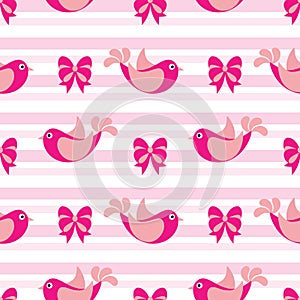 Seamless pattern cartoon illustration of birds and bows on striped background suitable for kid fabric background design