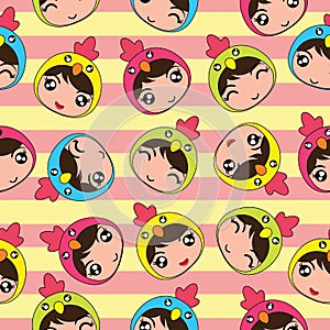 Seamless pattern cartoon illustration of colorful chick girl heads on striped background suitable for kid fabric background