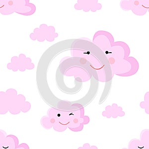 Seamless pattern cartoon image of pink clouds. Illustration for girls at a baby shower party. Background for greeting or invitatio