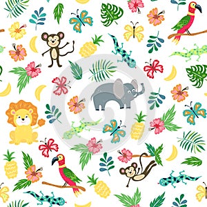 Seamless pattern with cartoon jungle animals