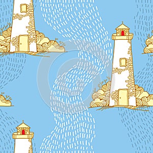 Seamless pattern with cartoon lighthouses