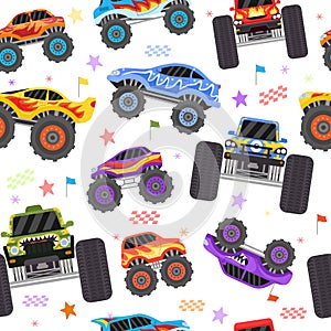 Seamless pattern with cartoon monster trucks for boy. Extreme racing heavy cars with big tires. Toys monster truck for