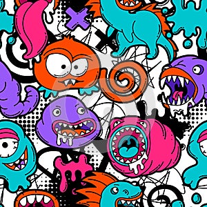 Seamless pattern with cartoon monsters.