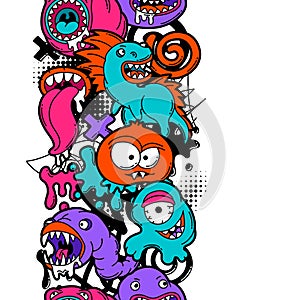 Seamless pattern with cartoon monsters.