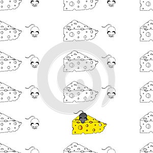 Seamless pattern with a cartoon mouse with a piece of cheese. Vector illustration of a seamless background of cheese and a mouse.
