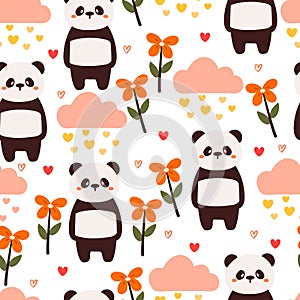 seamless pattern cartoon panda, clouds and flower. cute animal wallpaper for textile, gift wrap paper