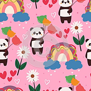 Seamless pattern cartoon panda, flower, rainbow in in pink background. cute wallpaper for textile, gift wrap paper