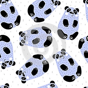Seamless pattern with cartoon pandas, decor elements. flat vector for kids. animals, wildlife.