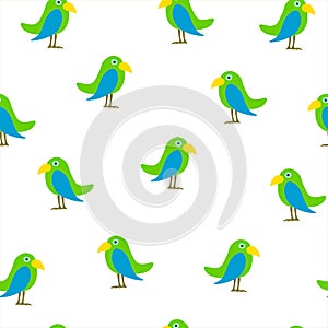 Seamless pattern cartoon parrots on white background. Funny birds ornament kids fabric textile, vector eps 10