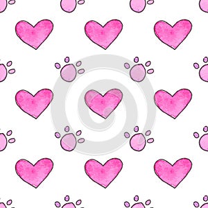 Seamless pattern with cartoon paws and hearts. Hand-drawn background. Vector illustration.