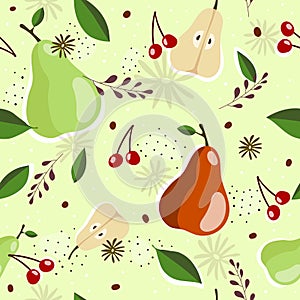 Seamless pattern with cartoon pear, cherry, leaves, flowers, twigs, decor elements, dots on a neutral background. fruit theme. vec
