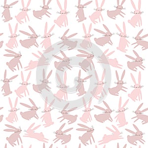 Seamless pattern with cartoon pink hares. Animal pattern.