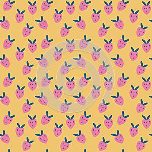 Seamless pattern with cartoon pink strawberries. Yellow background, ripe strawberries. The print is well suited for textiles,