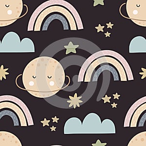 Seamless pattern with cartoon planets, rainbow, cloud, stars, decor elements. Colorful vector flat style for kids. Space.