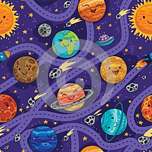 Seamless pattern with with cartoon planets, spaceship, rocket and asteroids