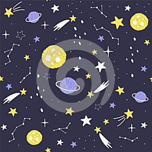 Seamless pattern with cartoon planets, stars and comets. Space Background for Kids. Vector