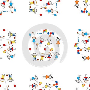 Seamless pattern of cartoon playful kids with kites and air balls