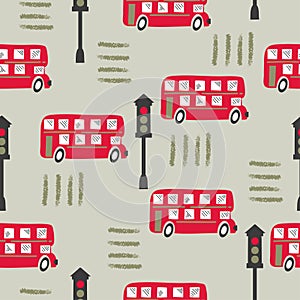 Seamless pattern with cartoon red London bus.