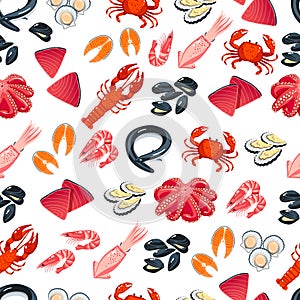 Seamless pattern with cartoon seafood - tuna, salmon, clams, crab, lobster and so. Vector illustration, eps10.