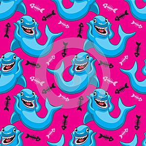 Seamless pattern of cartoon shark character on pink background. Vector image