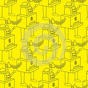 Seamless pattern cartoon slot machine character on yellow background. Vector image