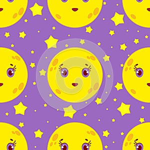 Seamless pattern of cartoon smiling moon with stars on purple background