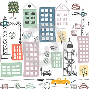 Seamless pattern with cartoon street. Vector illustration.