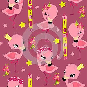 Seamless pattern in cartoon style, children's theme with fun and attractive flamingo. Vector illustration