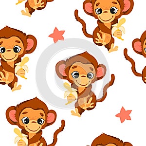 Seamless pattern in cartoon style, children's theme with fun and attractive monkey. Vector illustration
