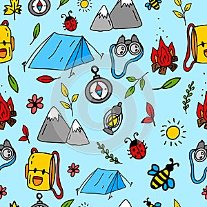 Seamless pattern in cartoon style. Compass, mountains, backpack, bonfire, fanar, insects, sun on a blue background. Nature, forest