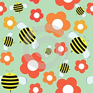 Seamless Pattern in Cartoon Style with Cute Bee and Flowers.