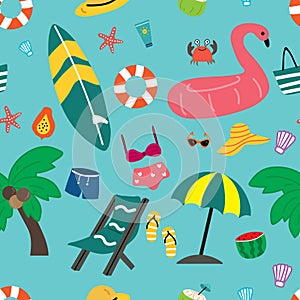 Seamless pattern with cartoon summer vacation. for fabric print, textile, gift wrapping paper. colorful vector for kids