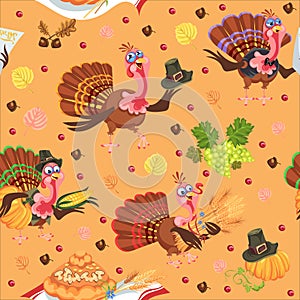 Seamless pattern cartoon thanksgiving turkey character in hat with harvest, leaves, acorns, corn, autumn holiday bird