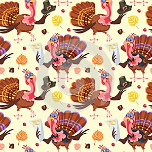 Seamless pattern cartoon thanksgiving turkey character in hat with harvest, leaves, acorns, corn, autumn holiday bird